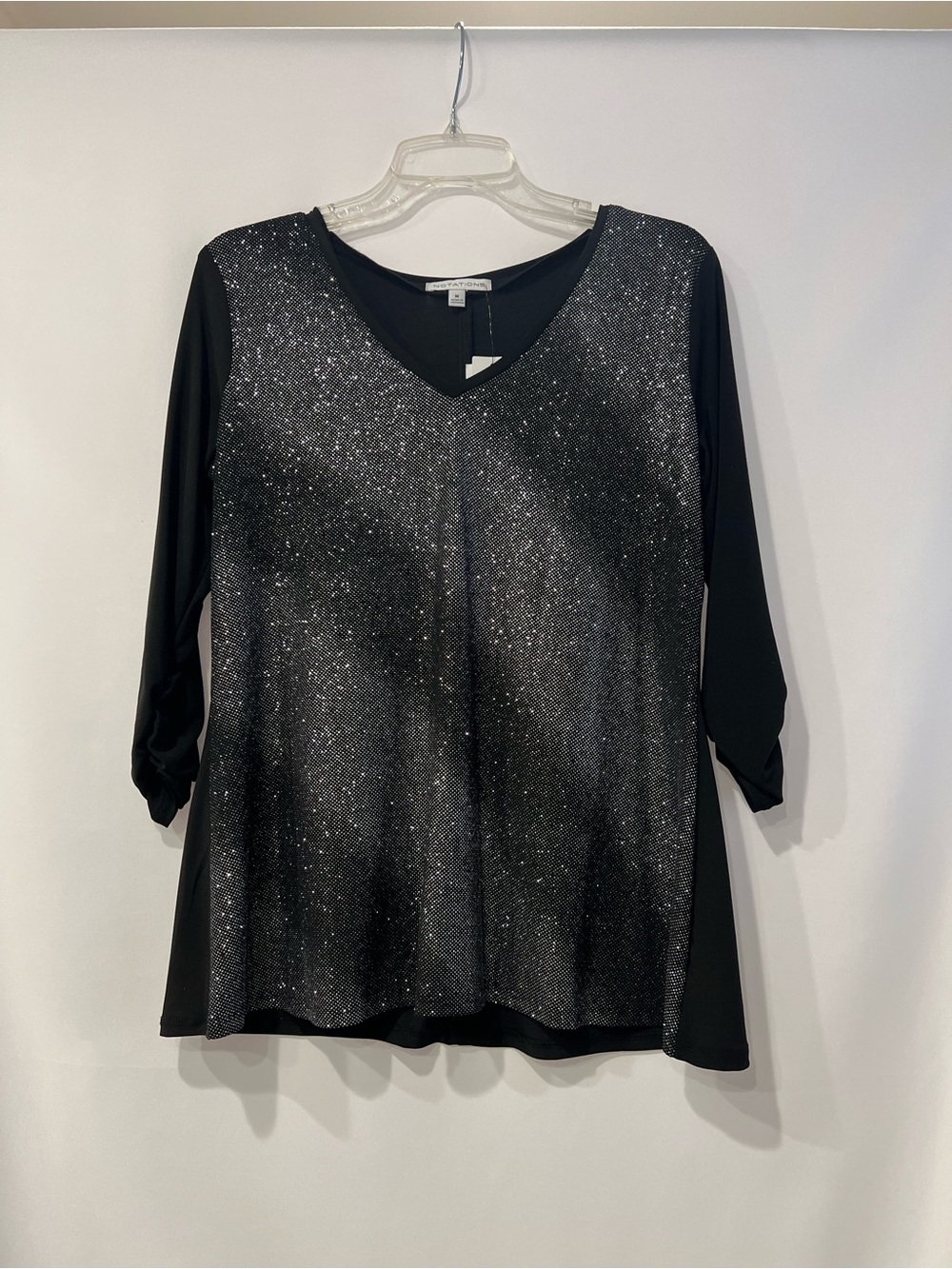 Notations Sparkle V-Neck Black Women's Top - 3/4 sleeves size M NWT